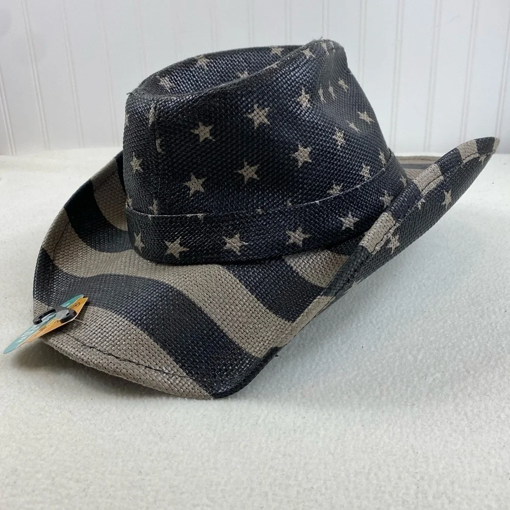 USA Flag Design Cowboy Hat‎ Khaki and Dark Gray Stripes and Stars One Size
